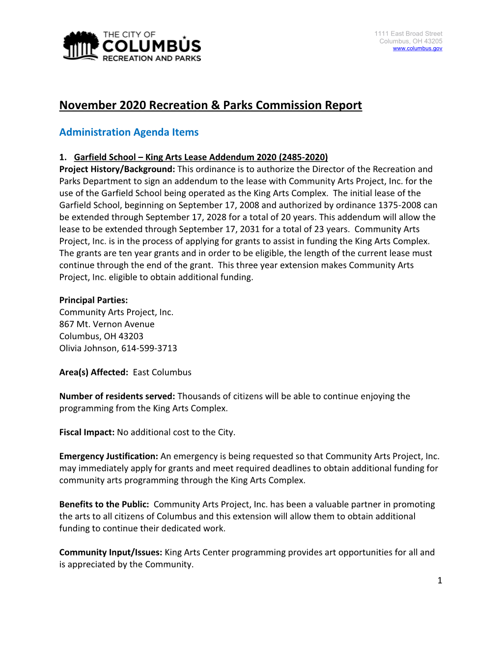 November 2020 Recreation & Parks Commission