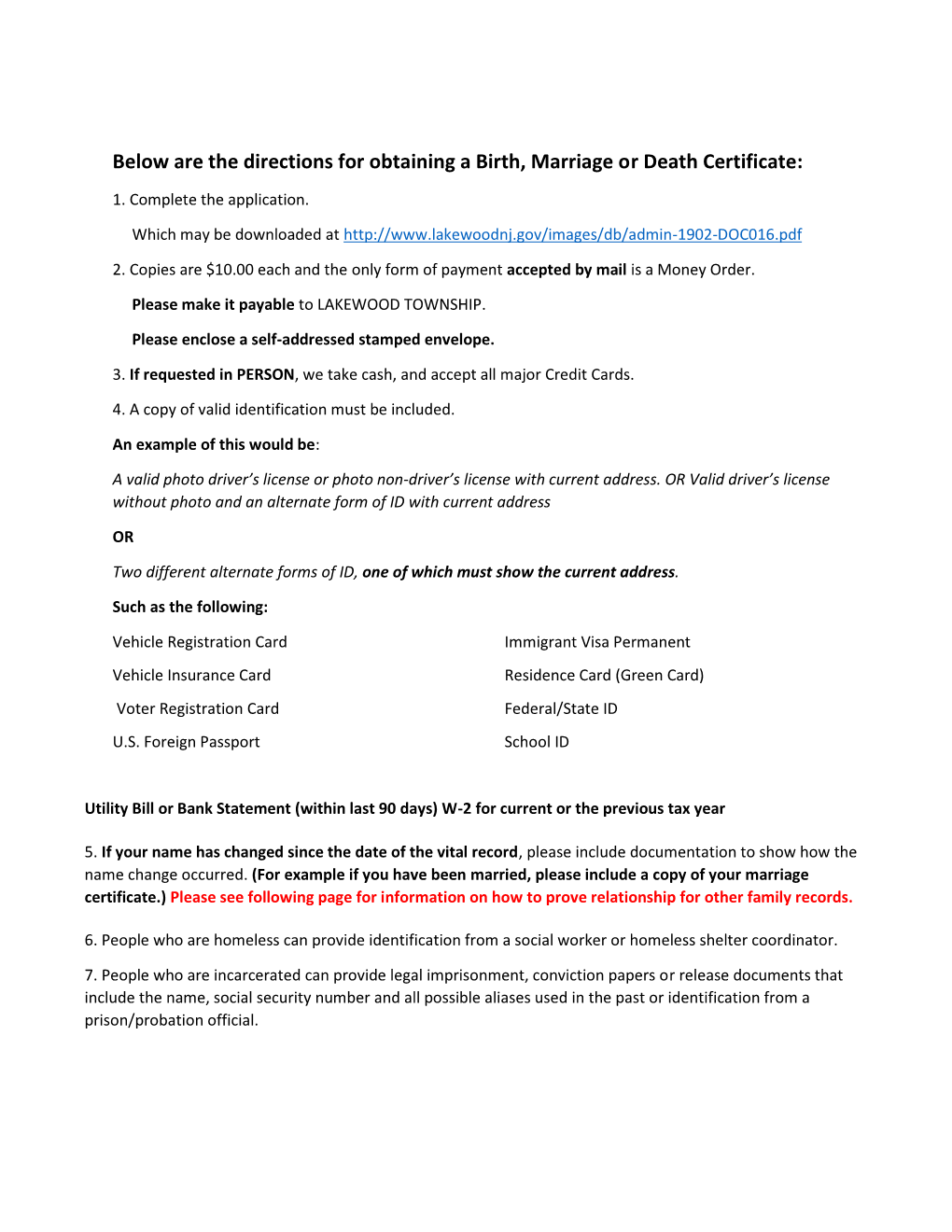 Below Are the Directions for Obtaining a Birth, Marriage Or Death Certificate