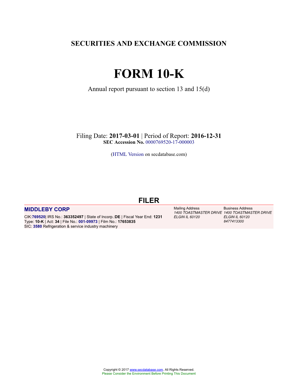 MIDDLEBY CORP Form 10-K Annual Report Filed 2017-03-01