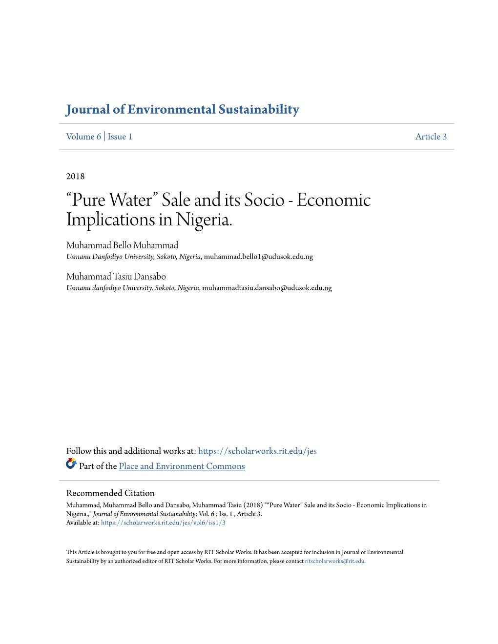 Pure Water” Sale and Its Socio - Economic Implications in Nigeria