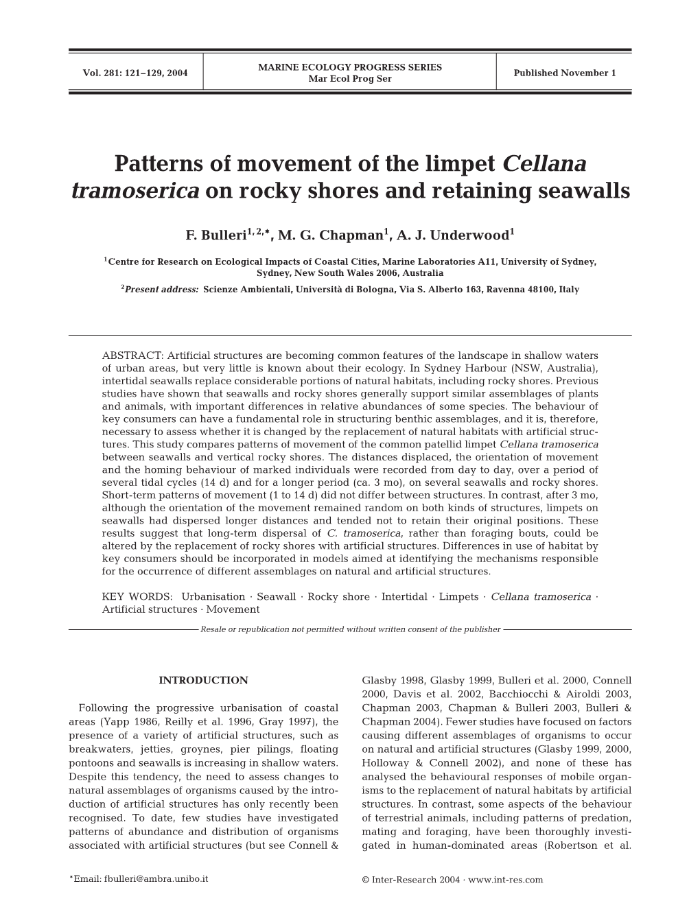 Patterns of Movement of the Limpet Cellana Tramoserica on Rocky Shores and Retaining Seawalls