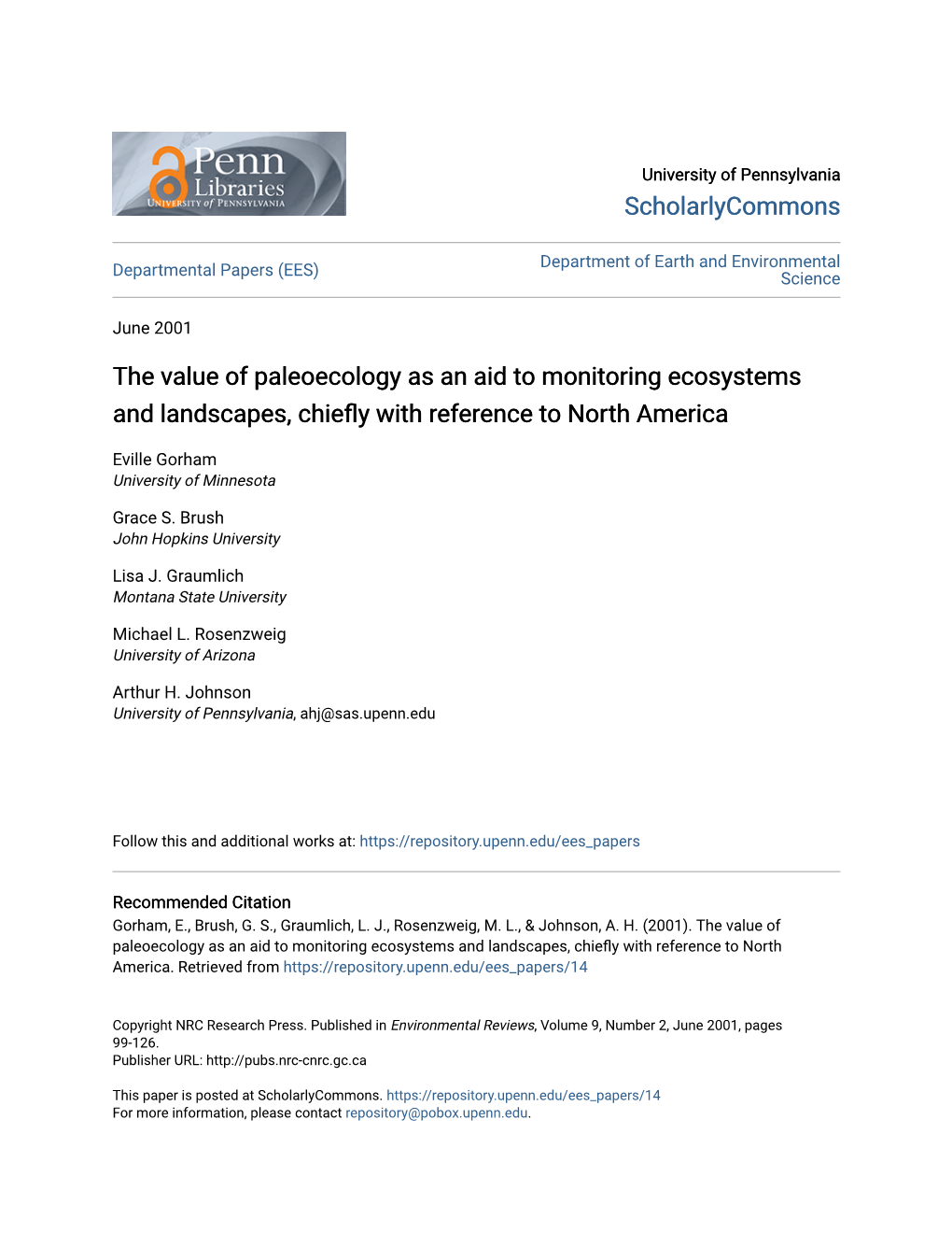 The Value of Paleoecology As an Aid to Monitoring Ecosystems and Landscapes, Chiefly with Efr Erence to North America