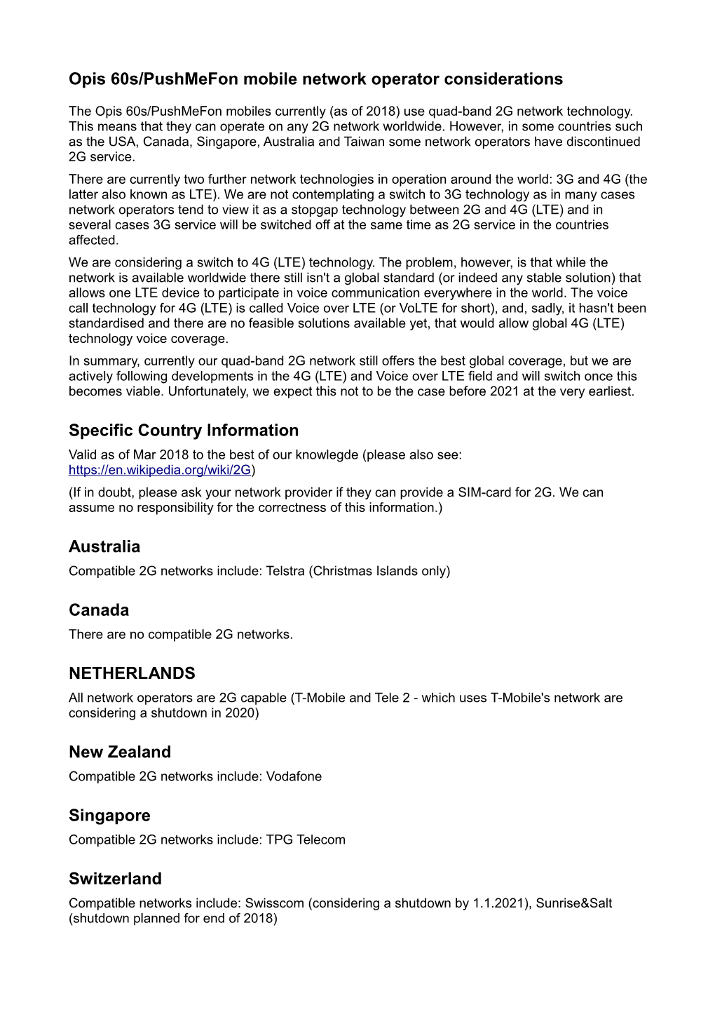 Opis 60S/Pushmefon Mobile Network Operator Considerations Specific