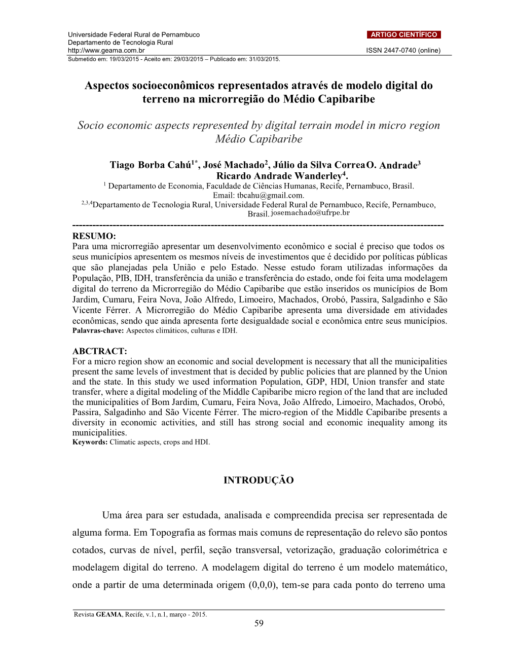 Aspectos Socioeconômicos Representados Através De Modelo Digital Do Terreno Na Microrregião Do Médio Capibaribe