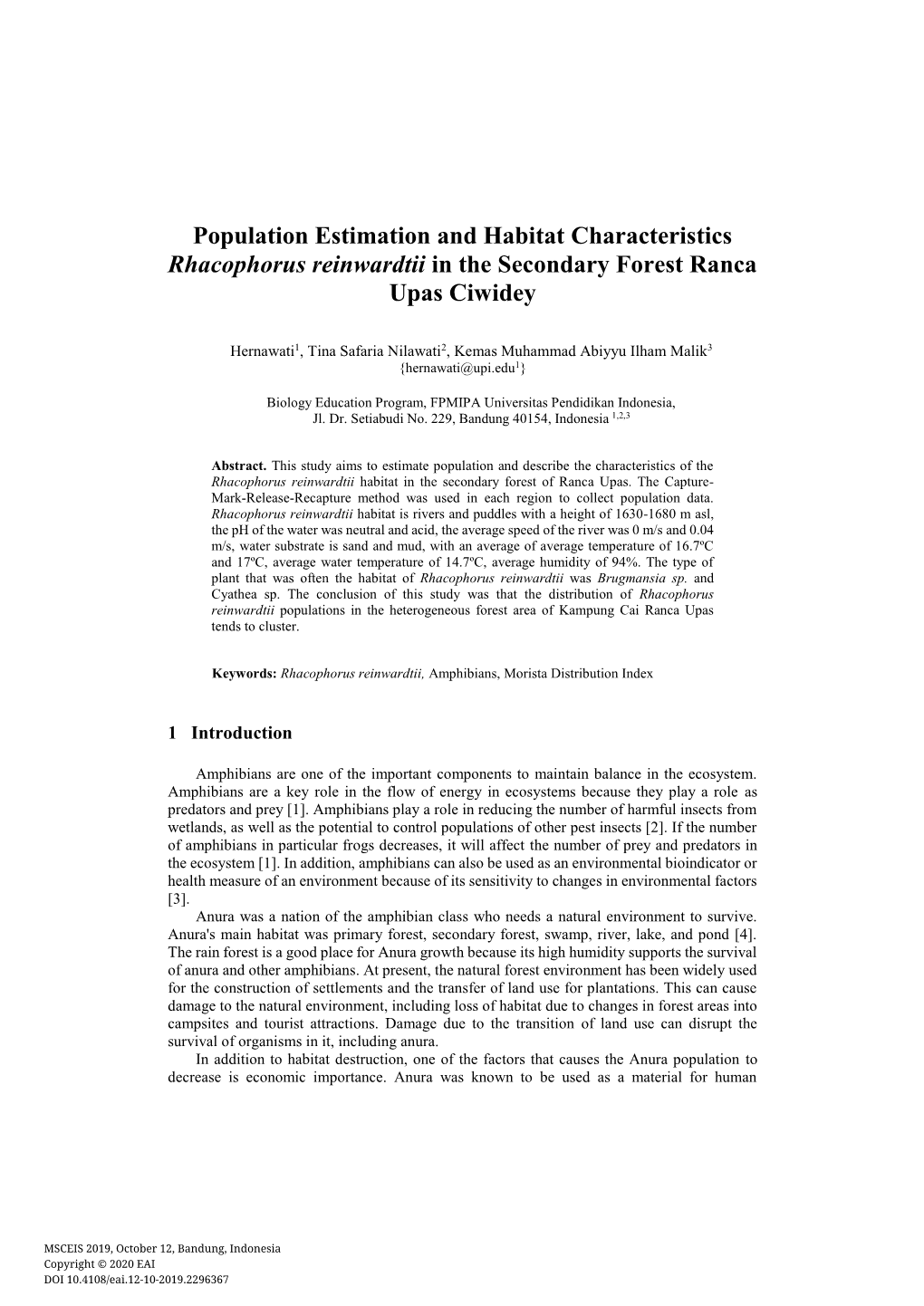 Population Estimation and Habitat Characteristics Rhacophorus Reinwardtii in the Secondary Forest Ranca Upas Ciwidey