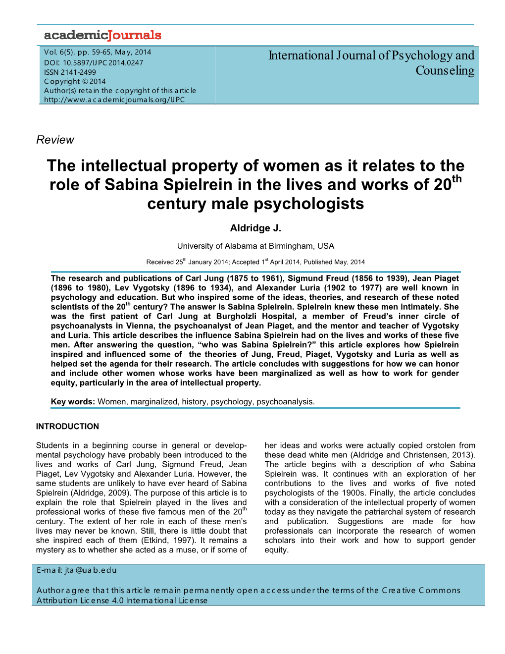 The Intellectual Property of Women As It Relates to the Role of Sabina Spielrein in the Lives and Works of 20Th Century Male Psychologists
