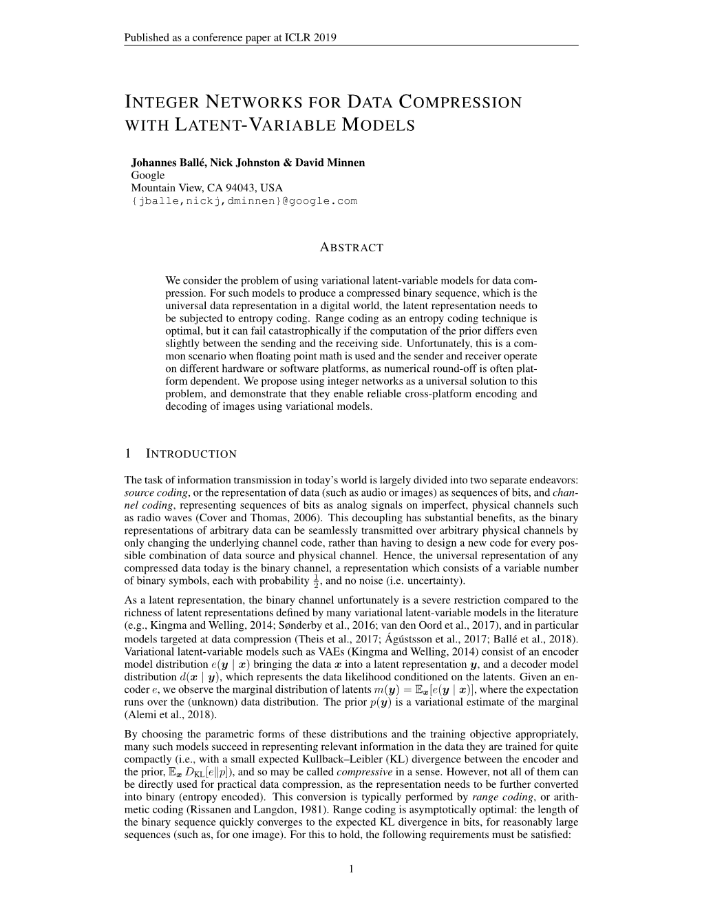 Integer Networks for Data Compression with Latent