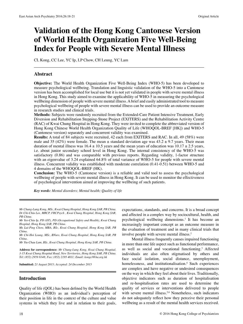 Validation of the Hong Kong Cantonese Version of World Health Organization Five Well-Being Index for People with Severe Mental Illness