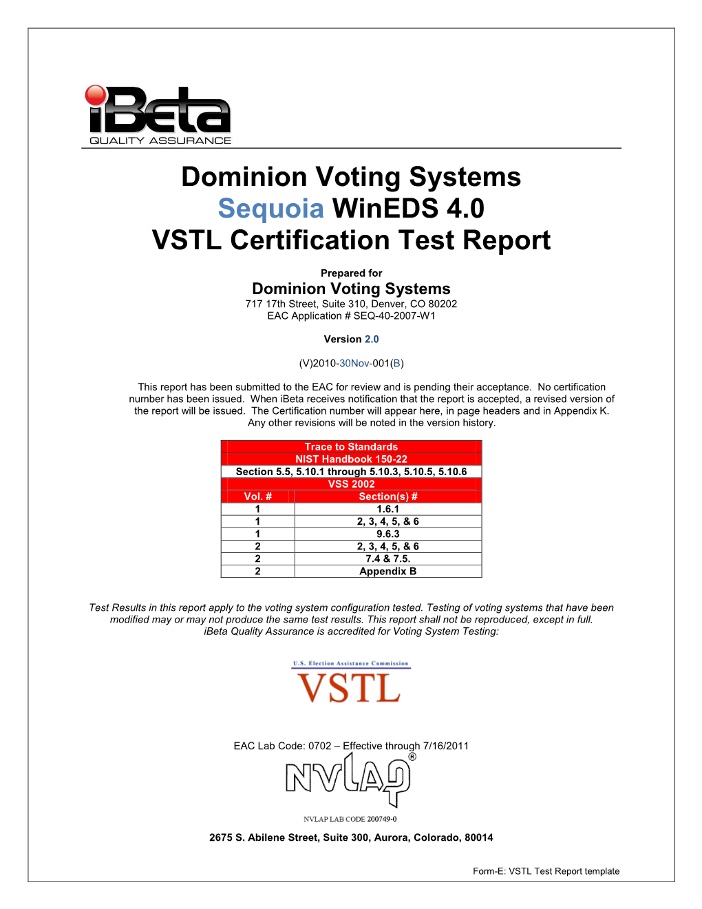 Dominion Voting Systems Sequoia Wineds 4.0 VSTL Certification Test Report