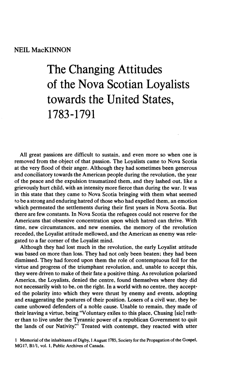 The Changing Attitudes of the Nova Scotian Loyalists Towards the United States, 1783-1791
