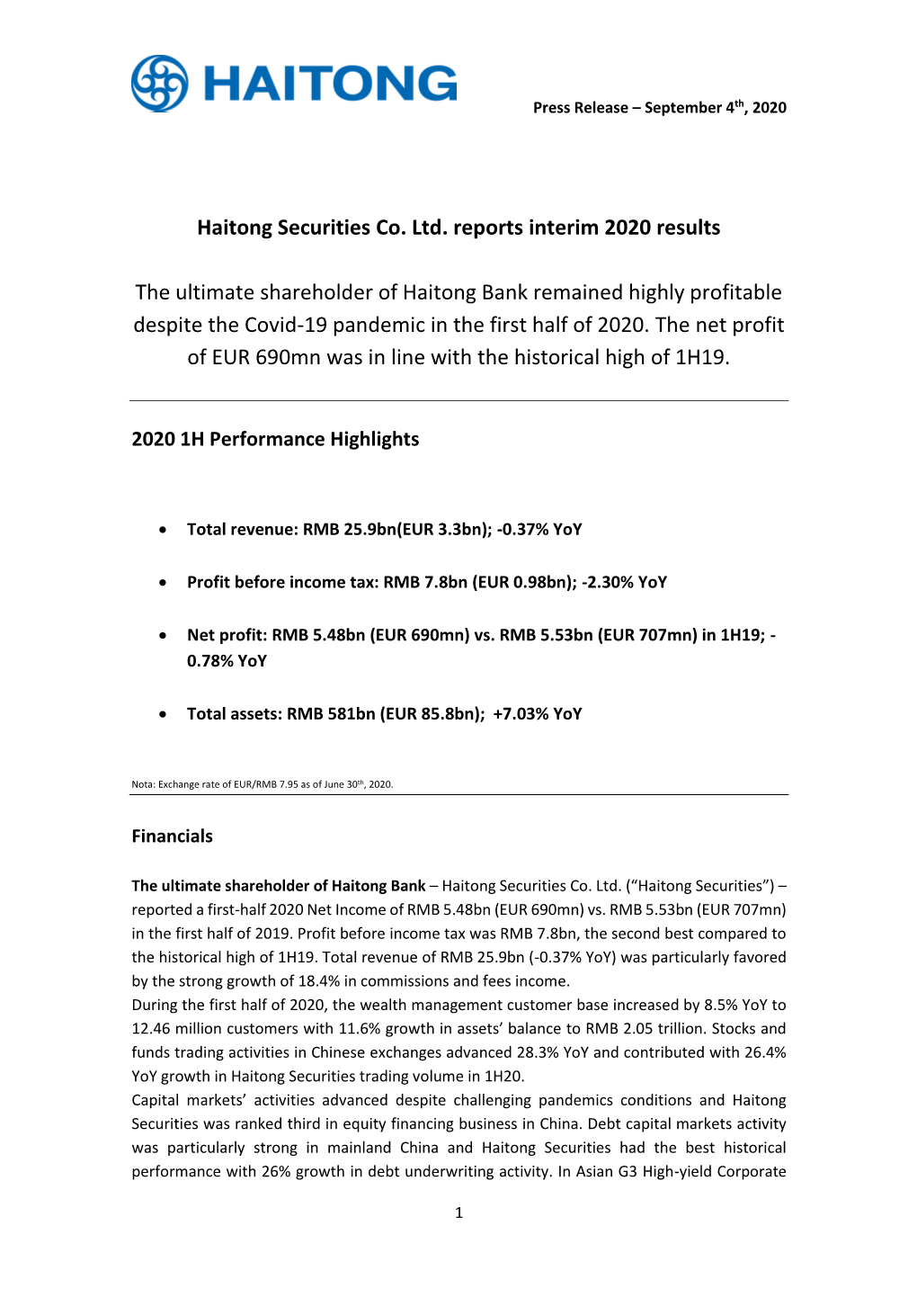 Haitong Securities Co. Ltd. Reports Interim 2020 Results the Ultimate