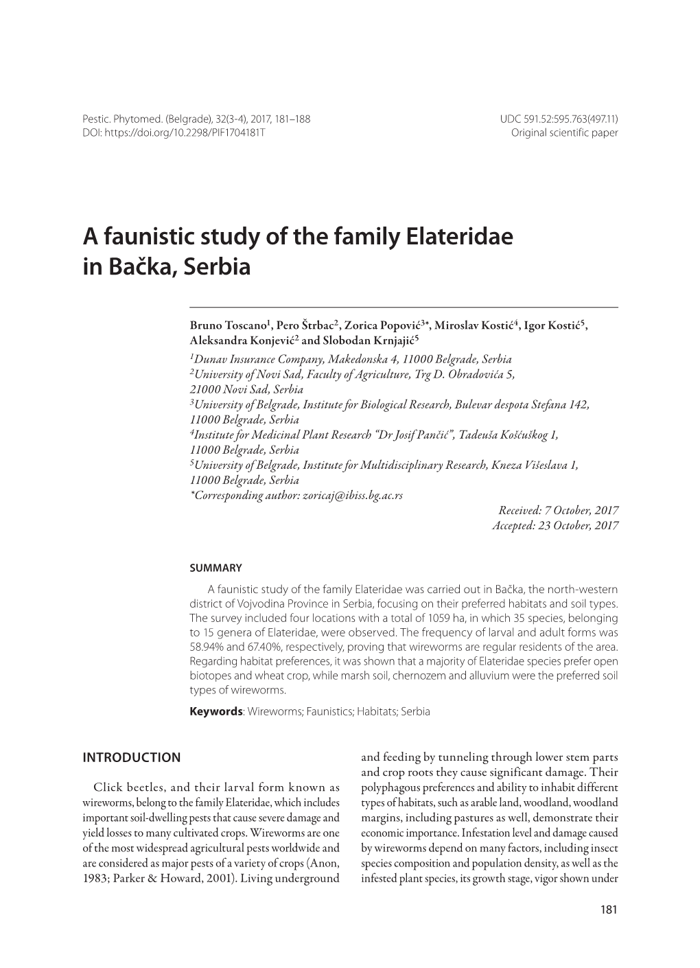 A Faunistic Study of the Family Elateridae in Bačka, Serbia