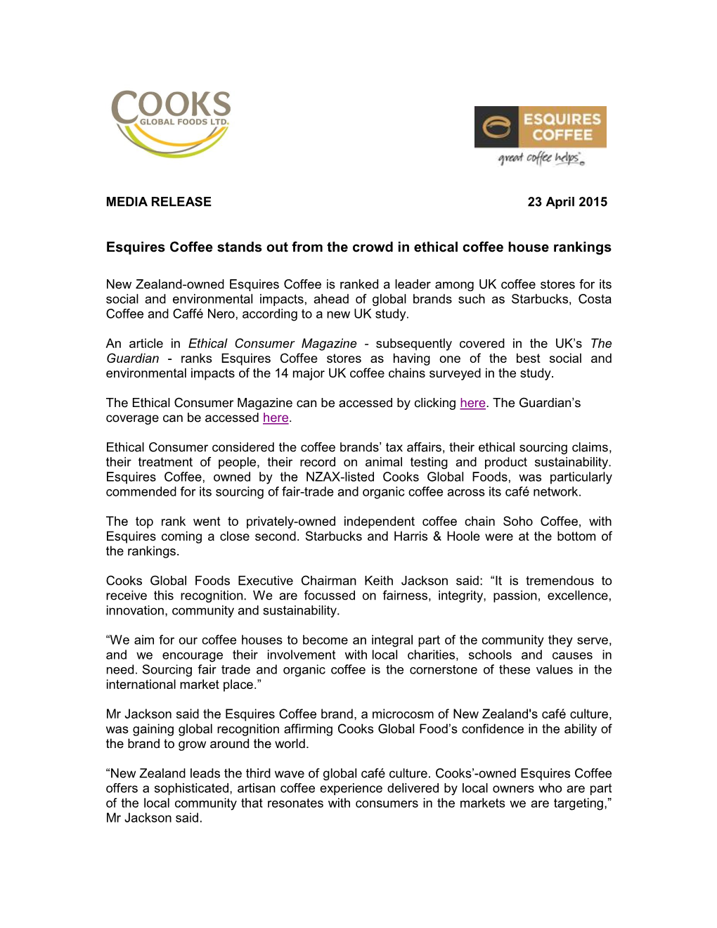 Esquires Coffee Stands out from the Crowd in Ethical Coffee House Rankings