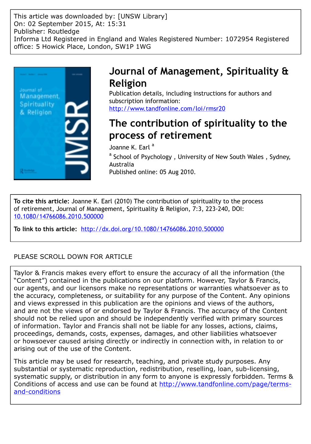 Journal of Management, Spirituality & Religion the Contribution Of
