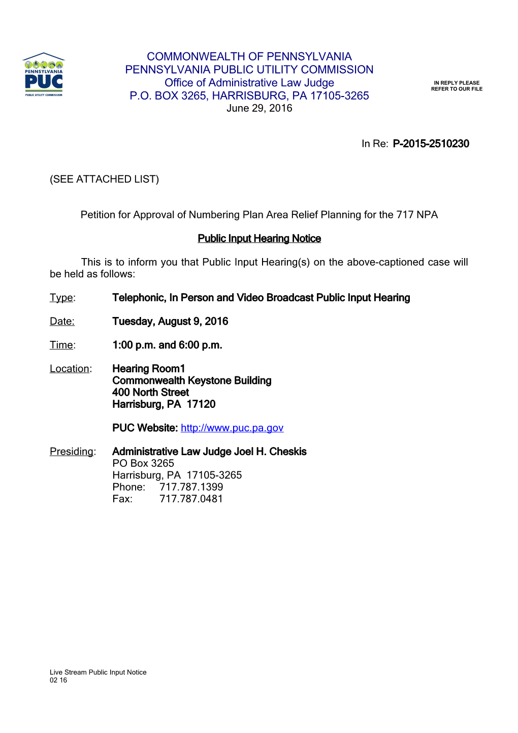 Harrisburg Public Input Notice