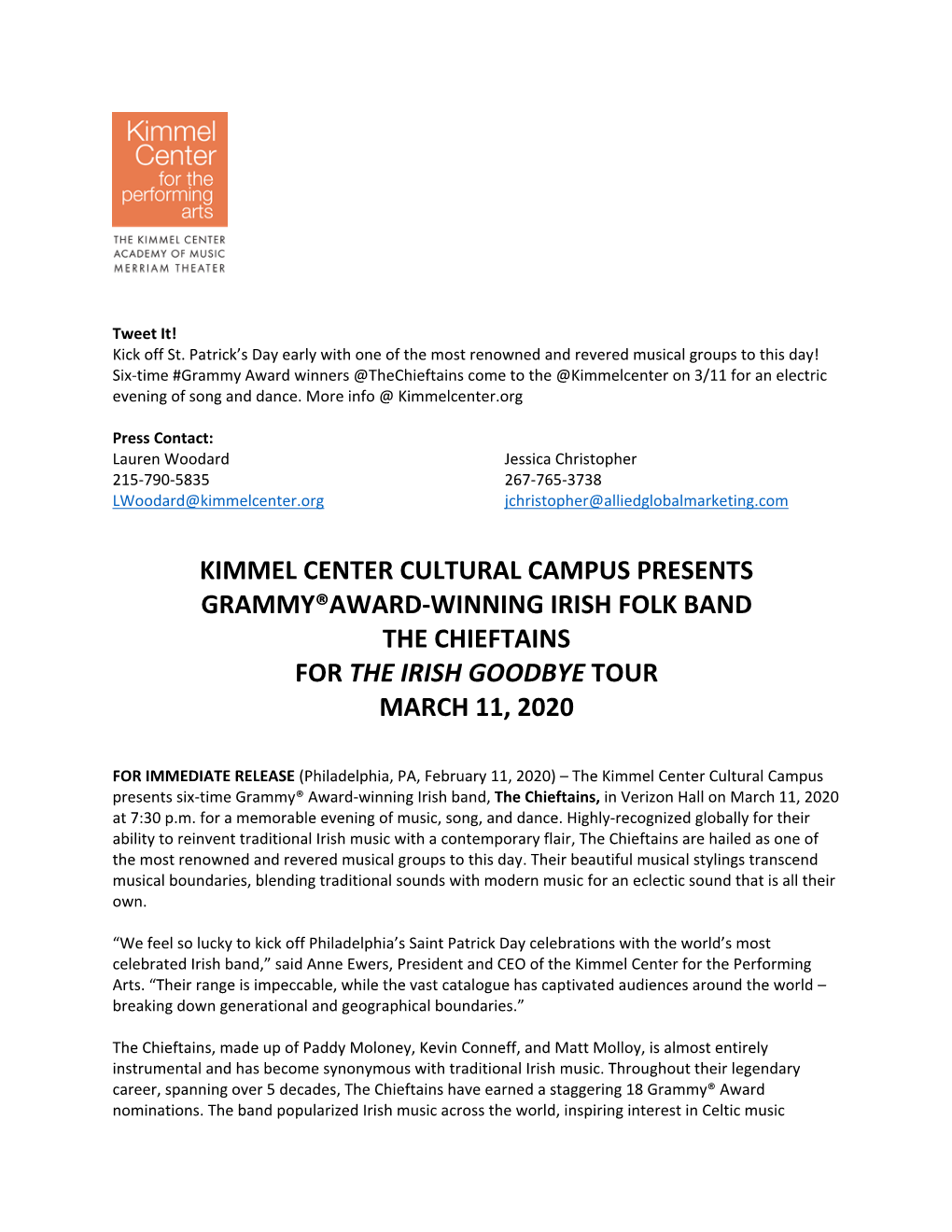 Kimmel Center Cultural Campus Presents Grammy®Award-Winning Irish Folk Band the Chieftains for the Irish Goodbye Tour March 11, 2020