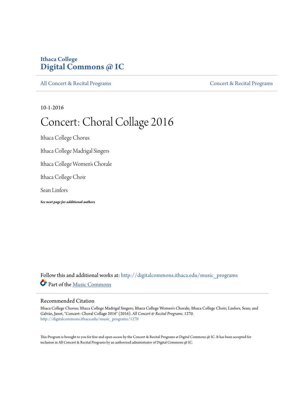 Concert: Choral Collage 2016 Ithaca College Chorus