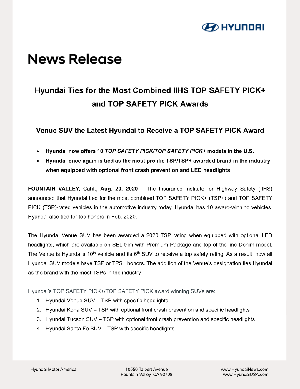 Hyundai Ties for the Most Combined IIHS TOP SAFETY PICK+ and TOP SAFETY PICK Awards