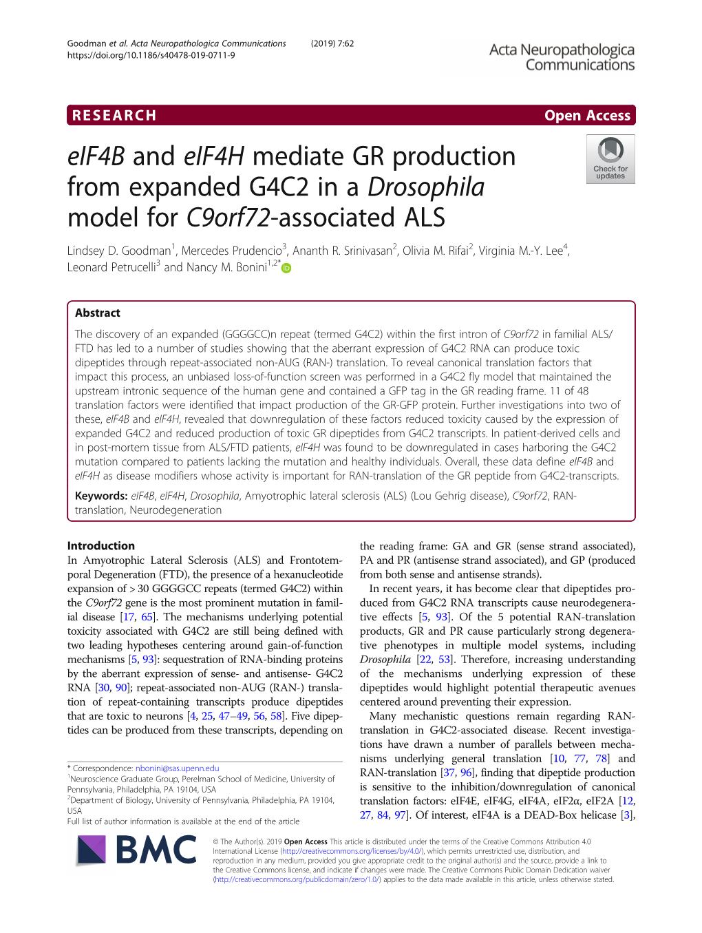 Eif4b and Eif4h Mediate GR Production from Expanded G4C2 in a Drosophila Model for C9orf72-Associated ALS Lindsey D