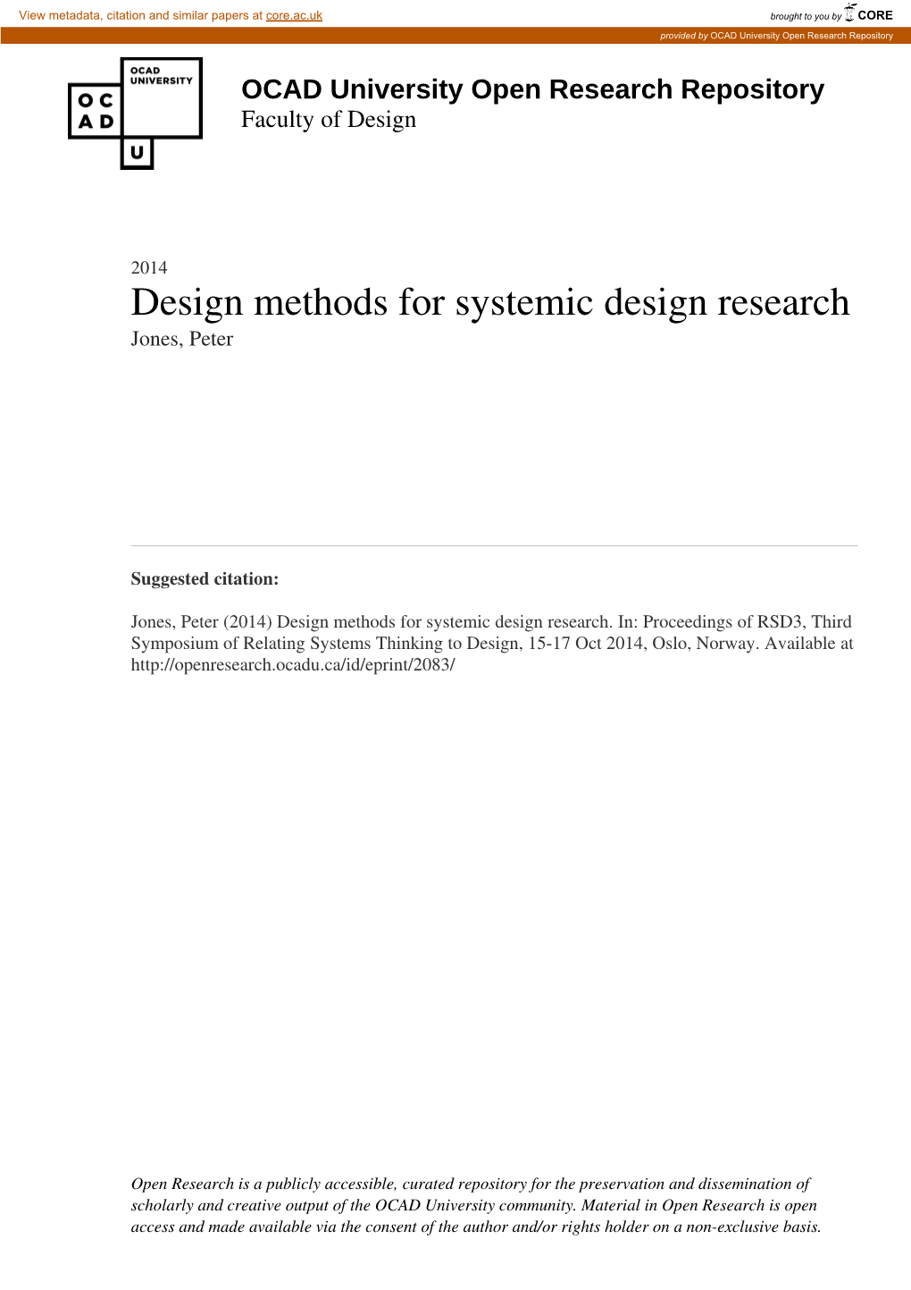 Design Methods for Systemic Design Research Jones, Peter