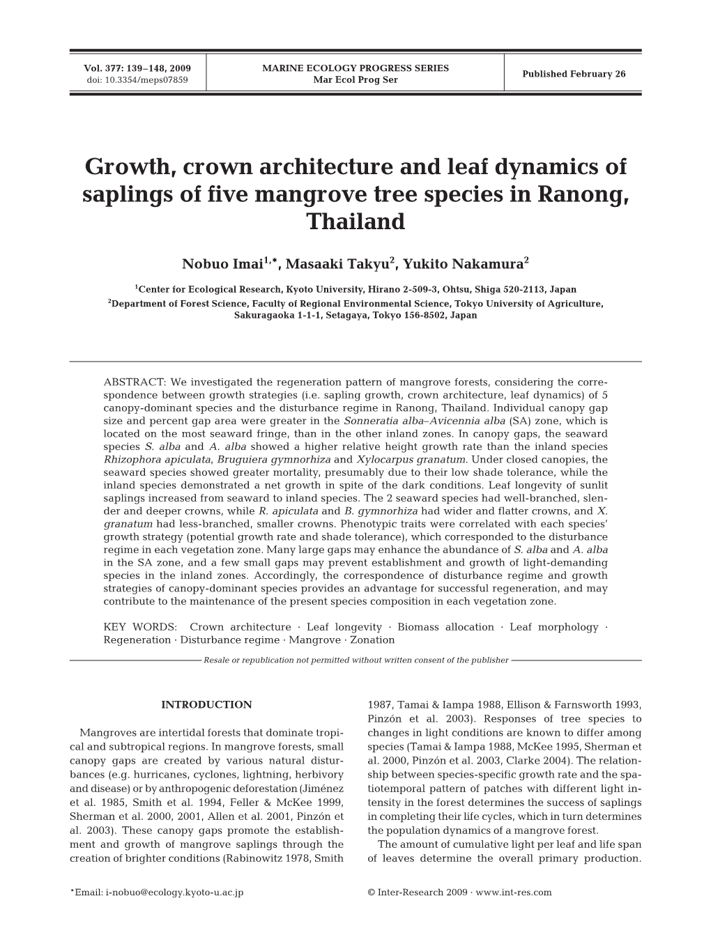 Growth, Crown Architecture and Leaf Dynamics of Saplings of Five Mangrove Tree Species in Ranong, Thailand