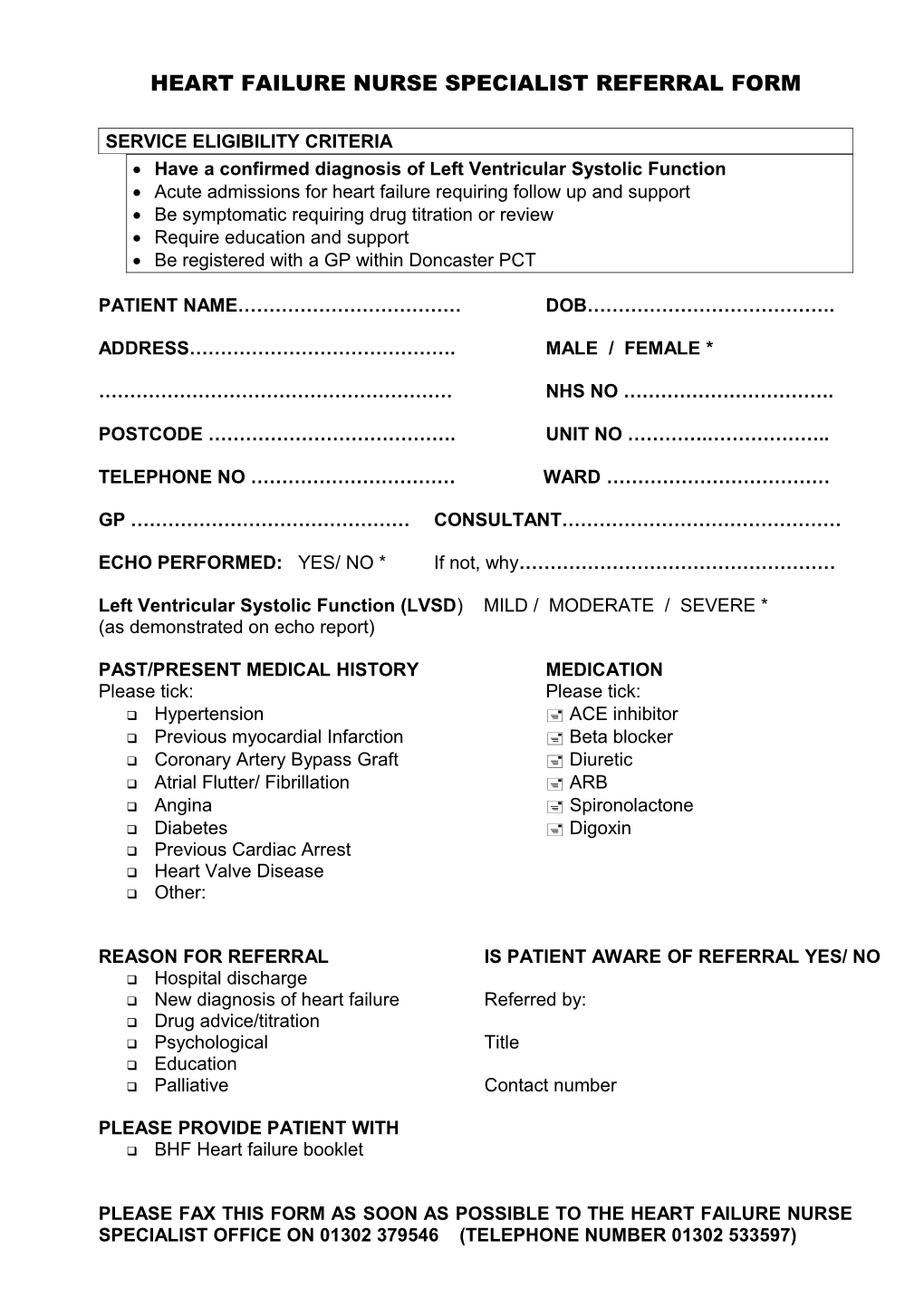 Heart Failure Nurse Specialist Referral Form