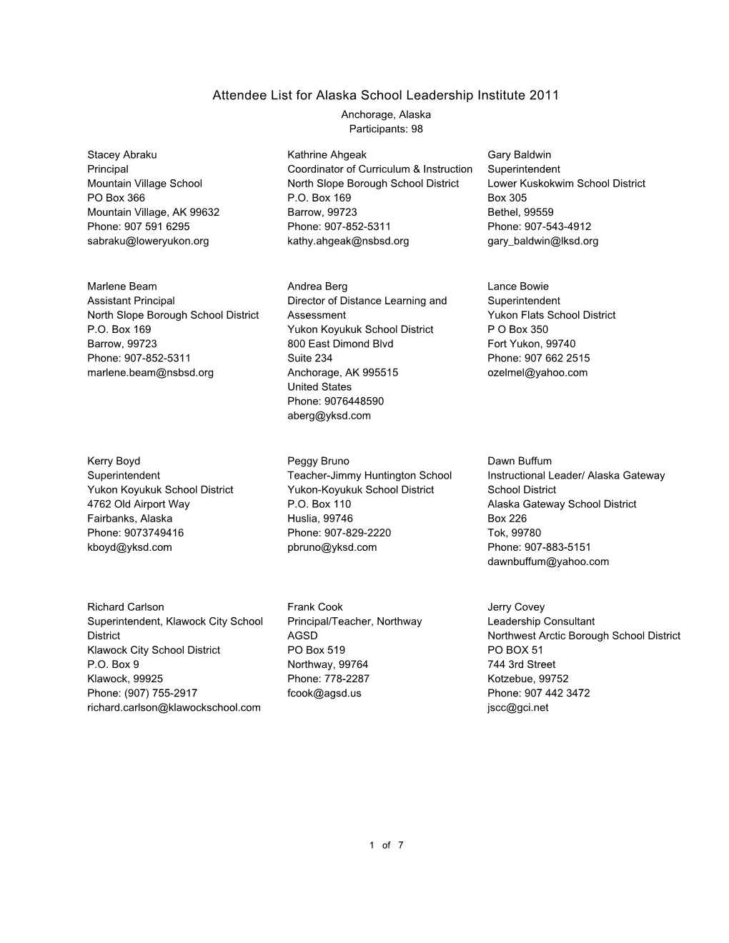 Attendee List for Alaska School Leadership Institute 2011 Anchorage, Alaska Participants: 98