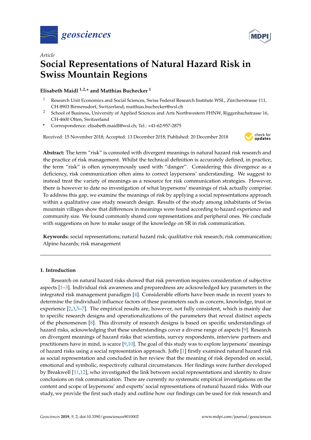 Social Representations of Natural Hazard Risk in Swiss Mountain Regions