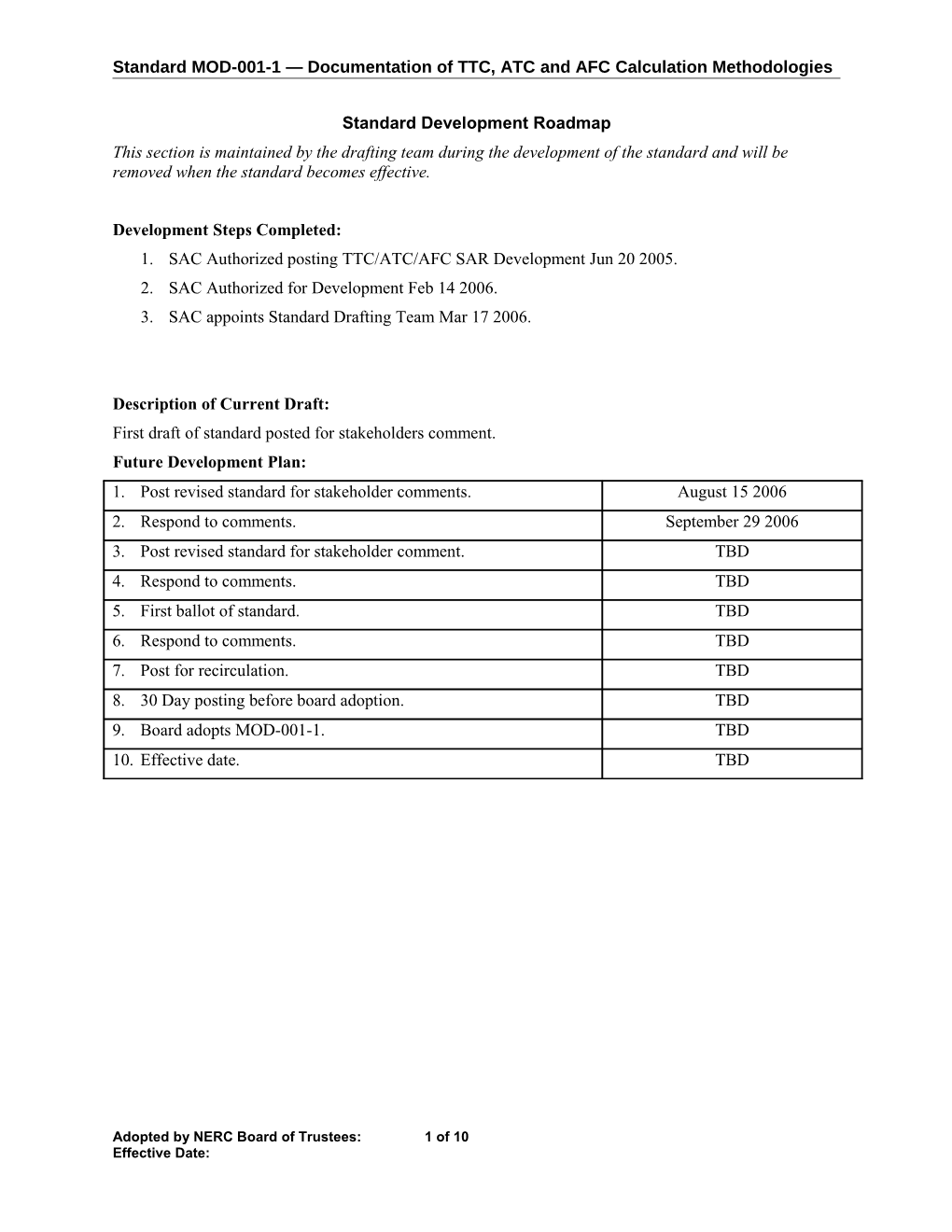 Standard Development Roadmap