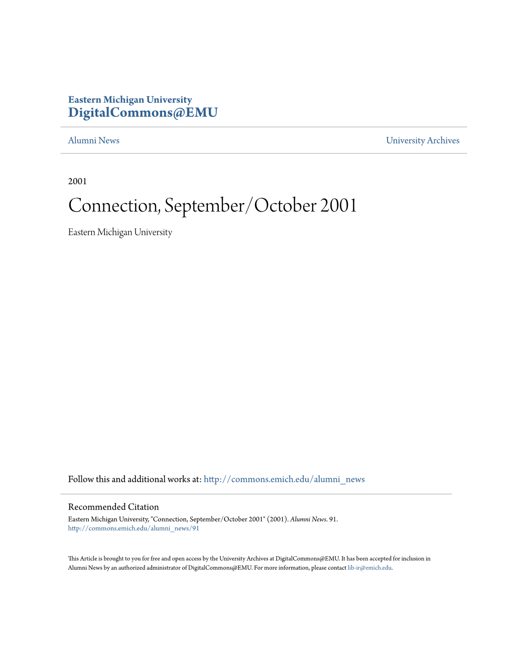 Connection, September/October 2001 Eastern Michigan University