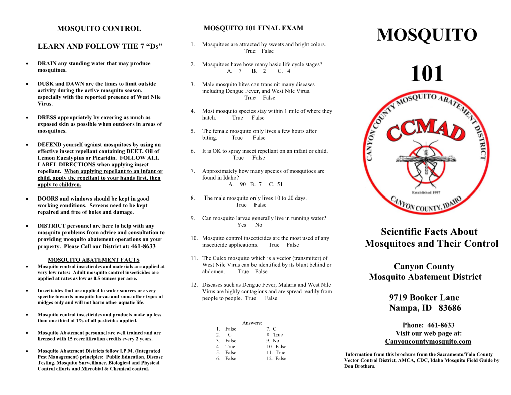 Mosquito Control Mosquito 101 Final Exam Mosquito 1