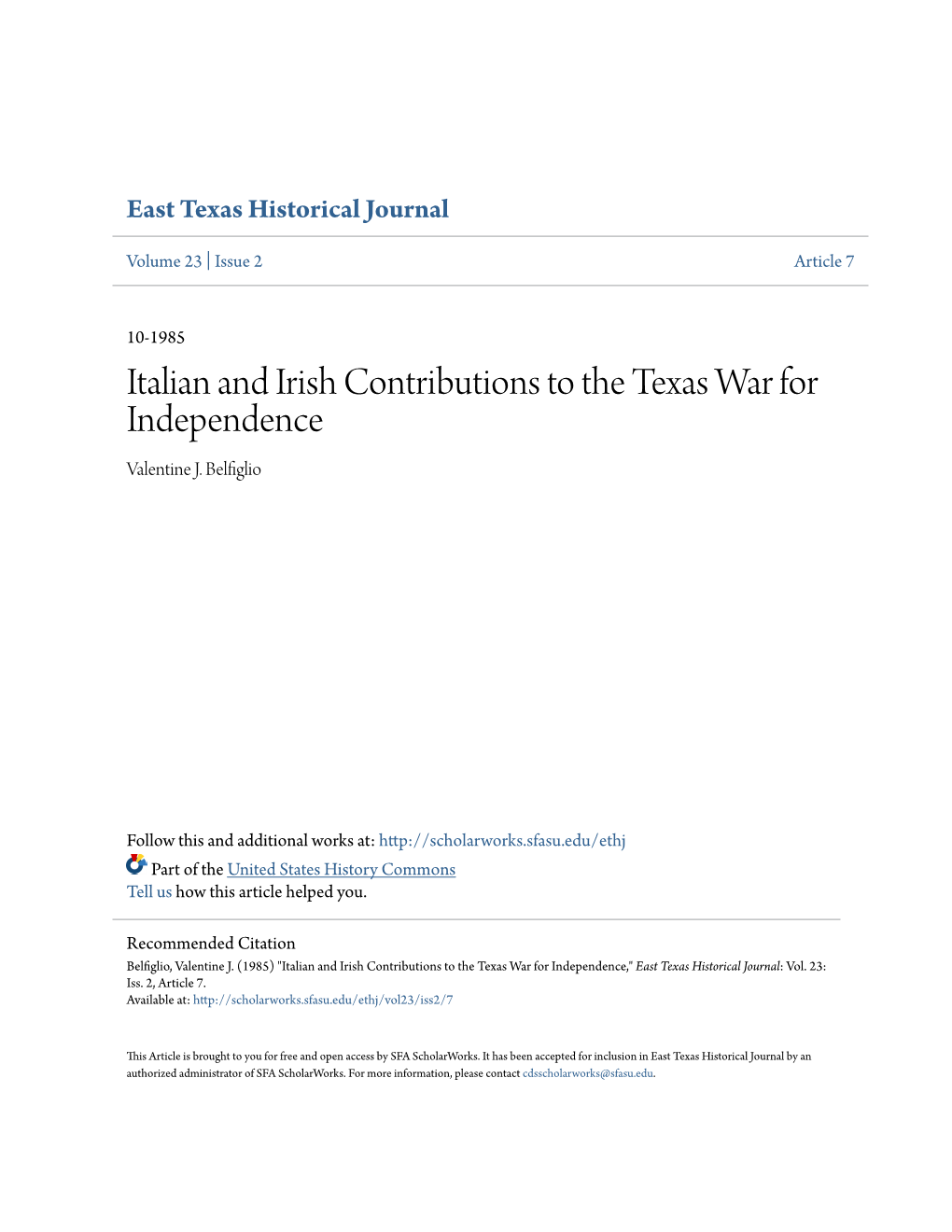 Italian and Irish Contributions to the Texas War for Independence Valentine J