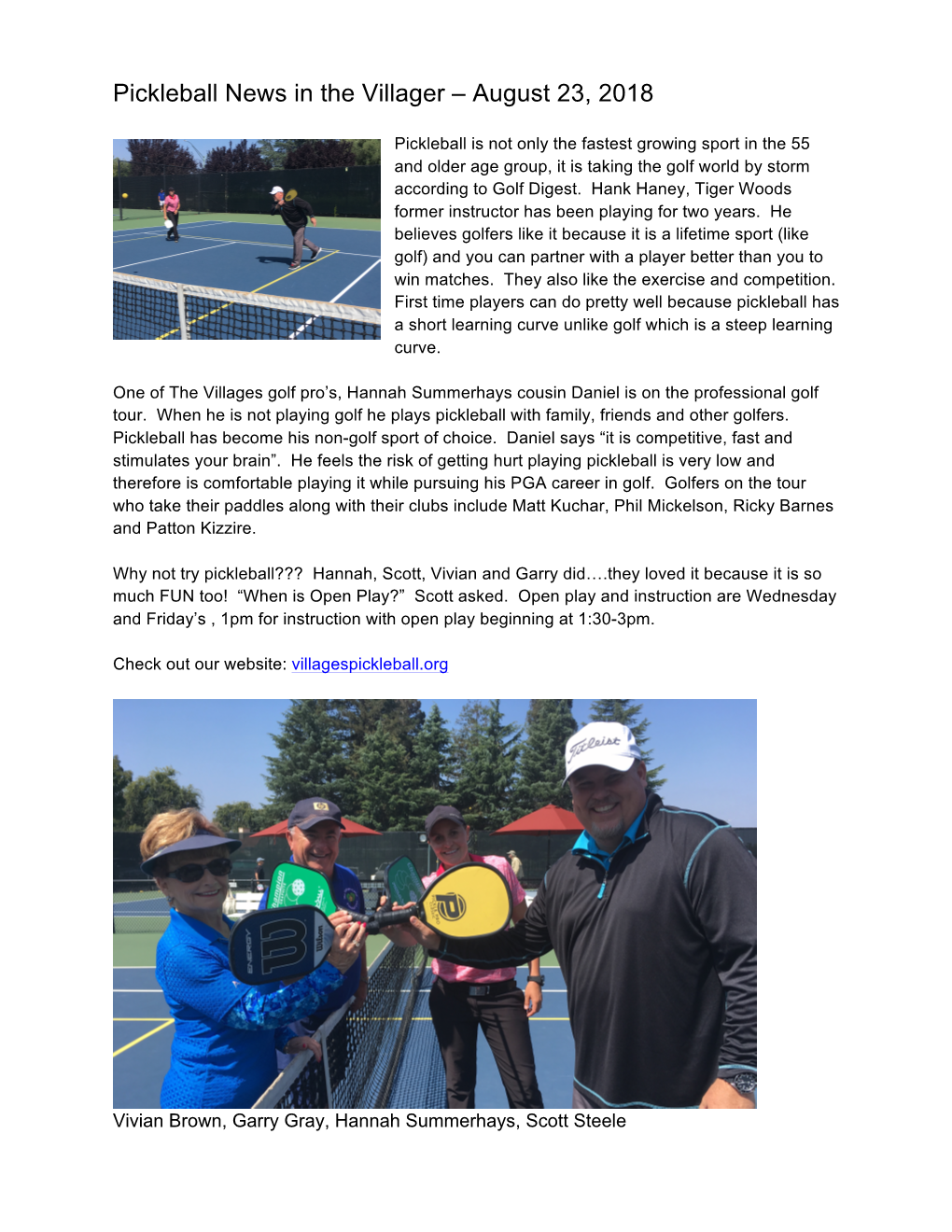 Pickleball News in the Villager – August 23, 2018