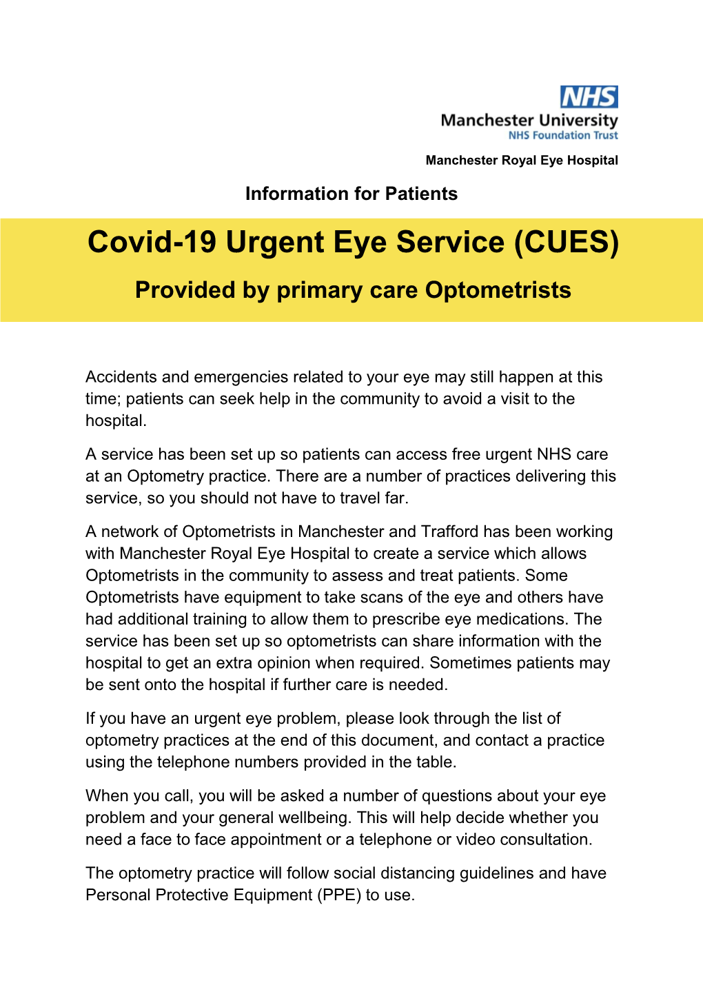 Covid-19 Urgent Eye Service (CUES) Provided by Primary Care Optometrists