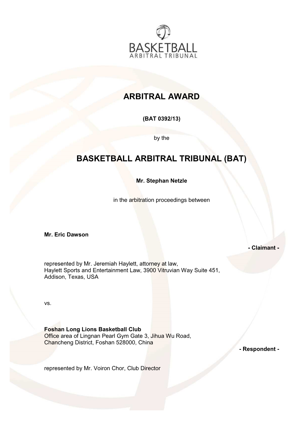 Arbitral Award Basketball Arbitral Tribunal (Bat)