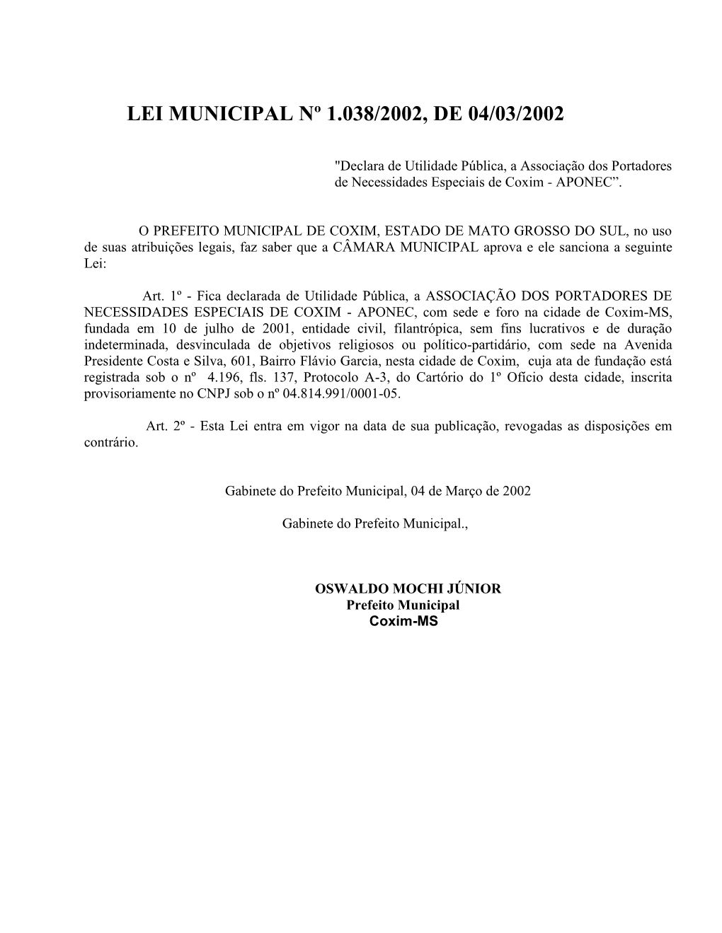 Lei Municipal Nº 1.038/2002, De 04/03/2002