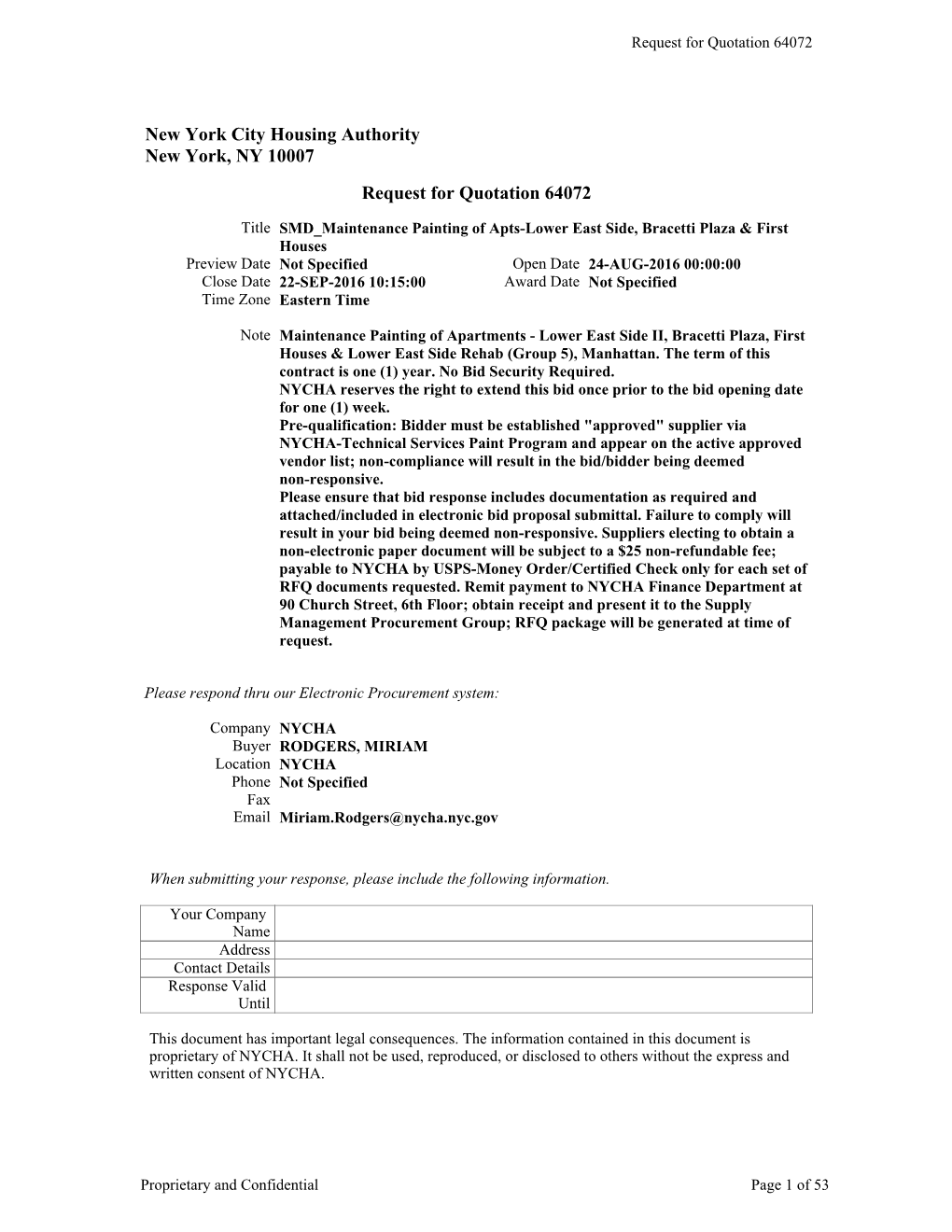 New York City Housing Authority New York, NY 10007 Request for Quotation 64072