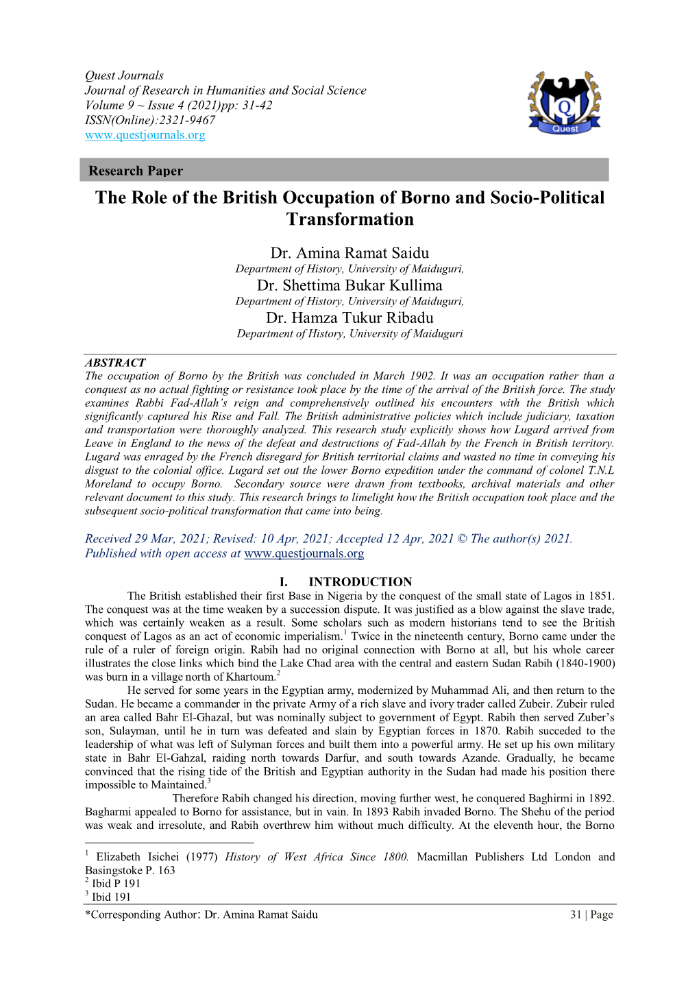 The Role of the British Occupation of Borno and Socio-Political Transformation