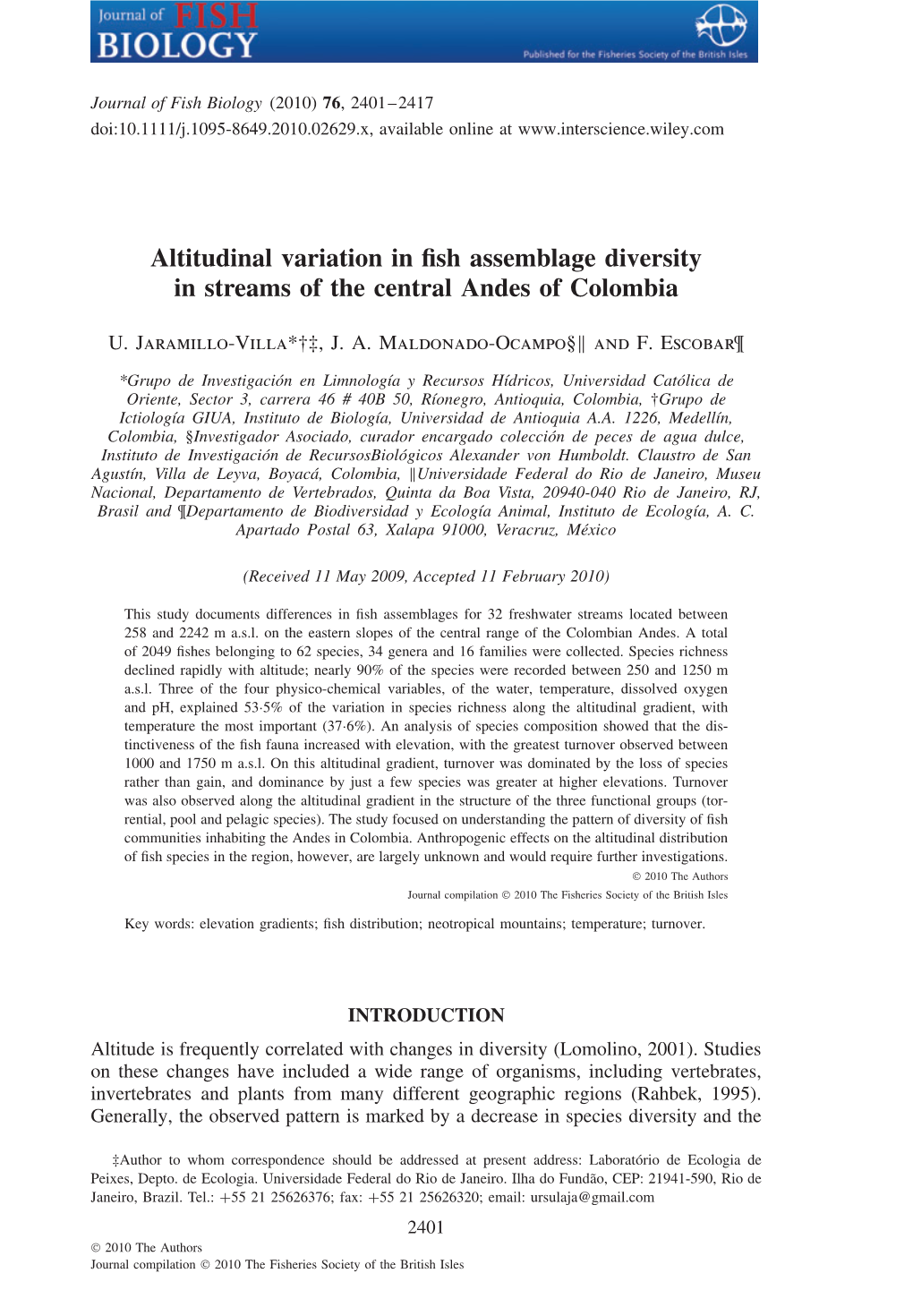 Altitudinal Variation in Fish Assemblage Diversity in Streams of the Central