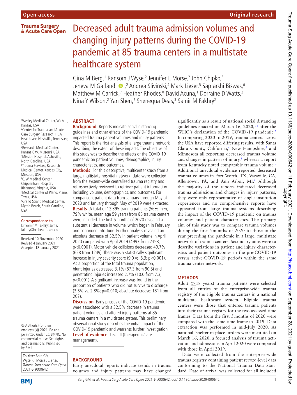 Decreased Adult Trauma Admission Volumes and Changing Injury Patterns During the COVID-19 Pandemic at 85 Trauma Centers in A