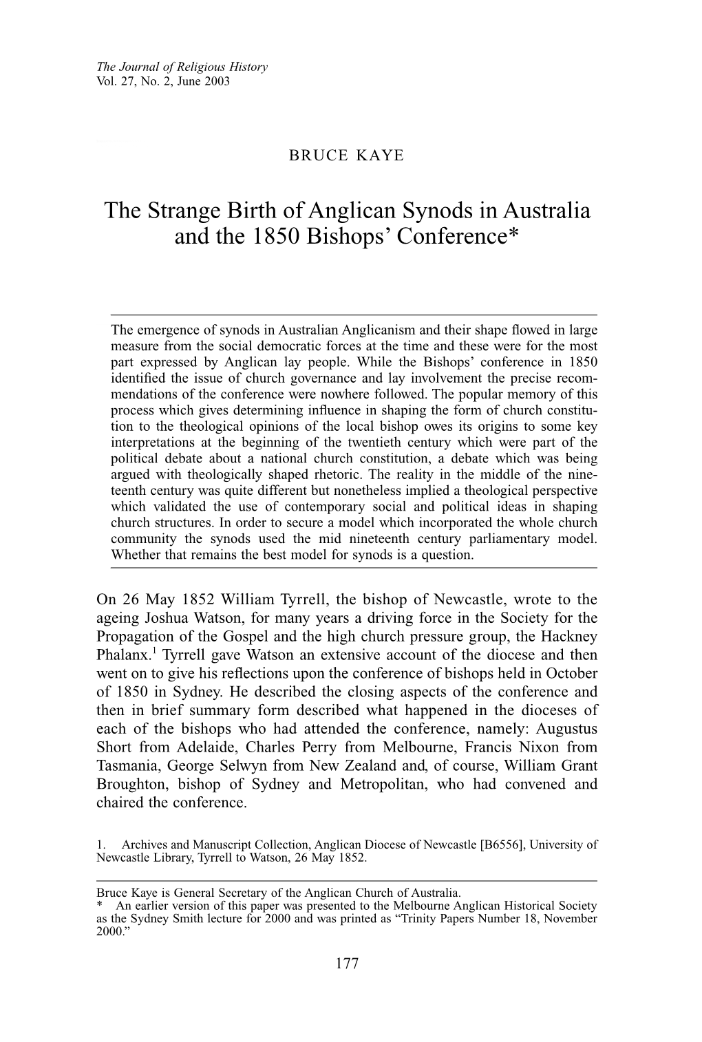 The Strange Birth of Anglican Synods in Australia and the 1850 Bishops' Conference