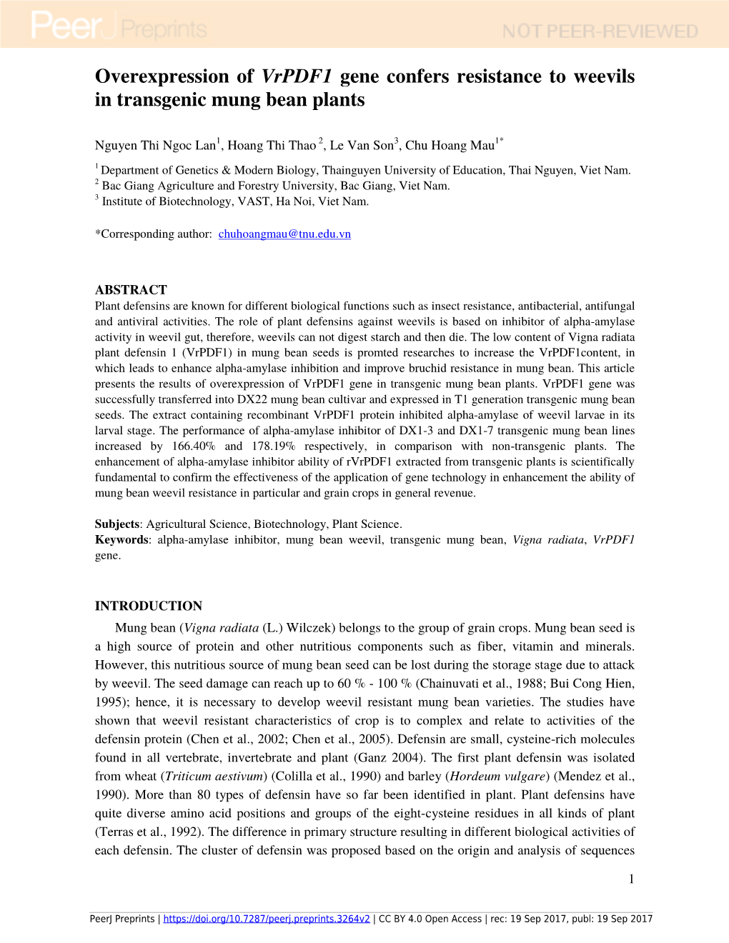 Gene Confers Resistance to Weevils in Transgenic Mung Bean Plants