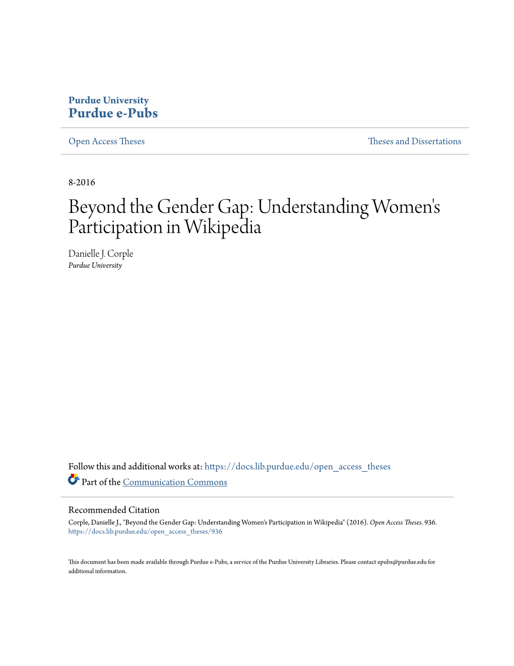 Understanding Women's Participation in Wikipedia Danielle J