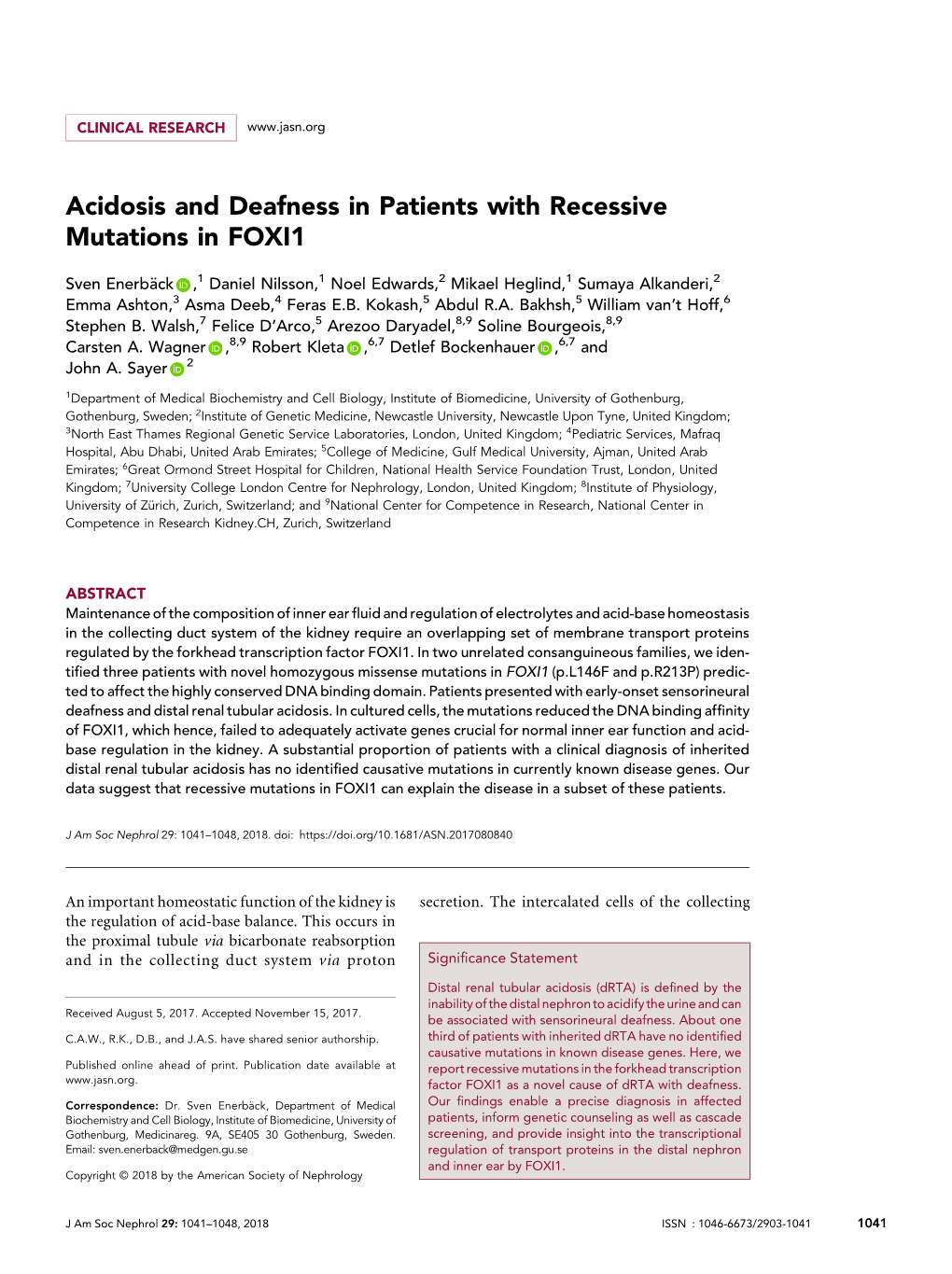 Acidosis and Deafness in Patients with Recessive Mutations in FOXI1