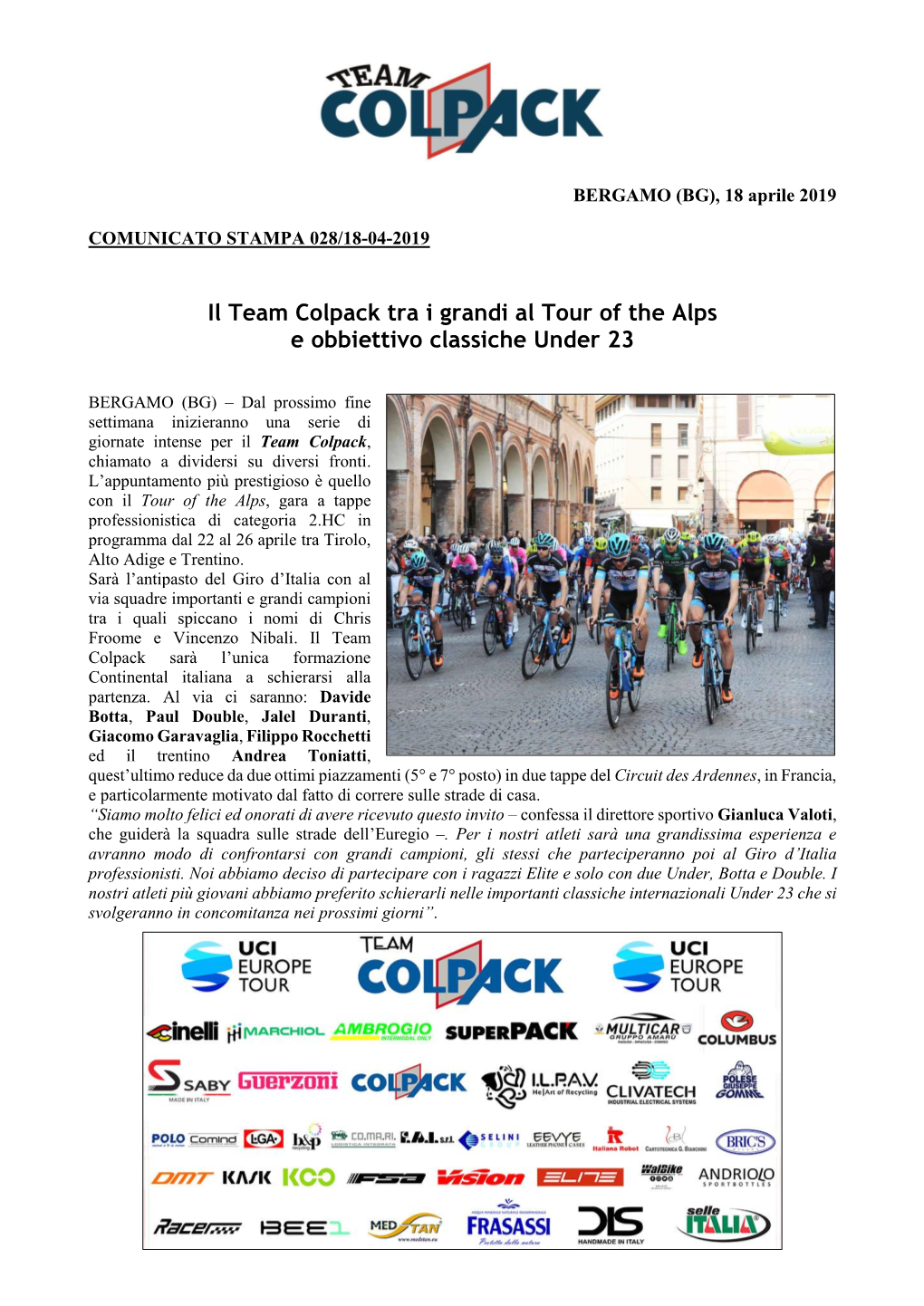 Il Team Colpack Tra I Grandi Al Tour of the Alps E Obbiettivo Classiche Under 23