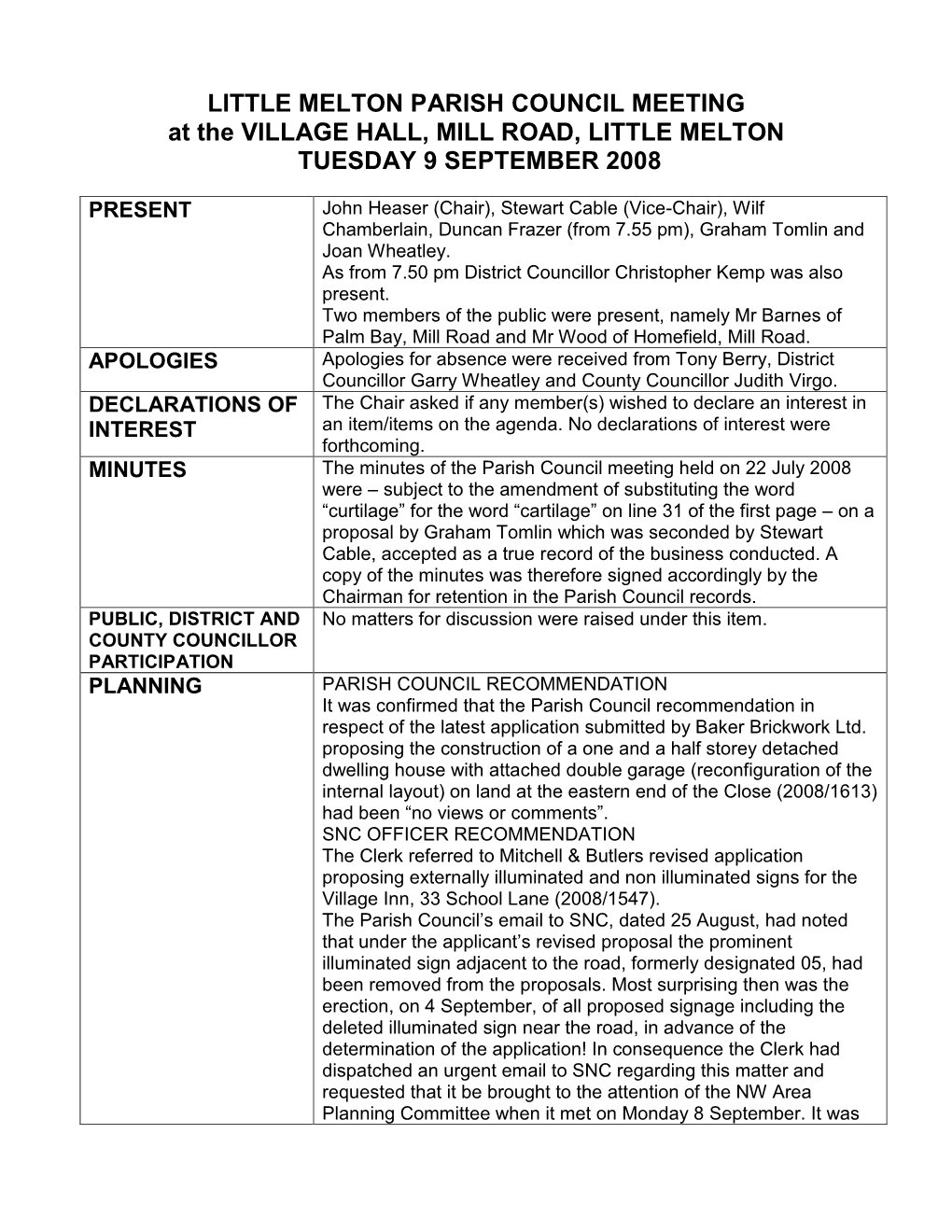 LITTLE MELTON PARISH COUNCIL MEETING at the VILLAGE HALL, MILL ROAD, LITTLE MELTON TUESDAY 9 SEPTEMBER 2008