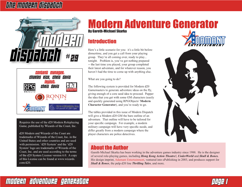 Modern Dispatch 29: Modern Adventure Generator