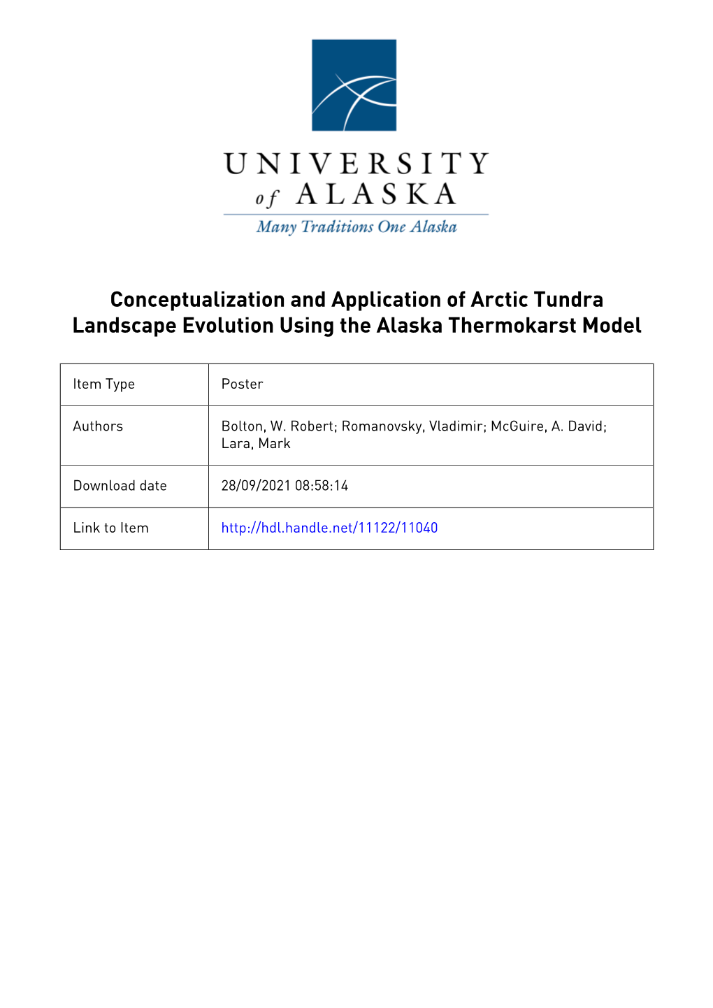 Conceptualization and Application of Arctic Tundra Landscape Evolution Using the Alaska Thermokarst Model