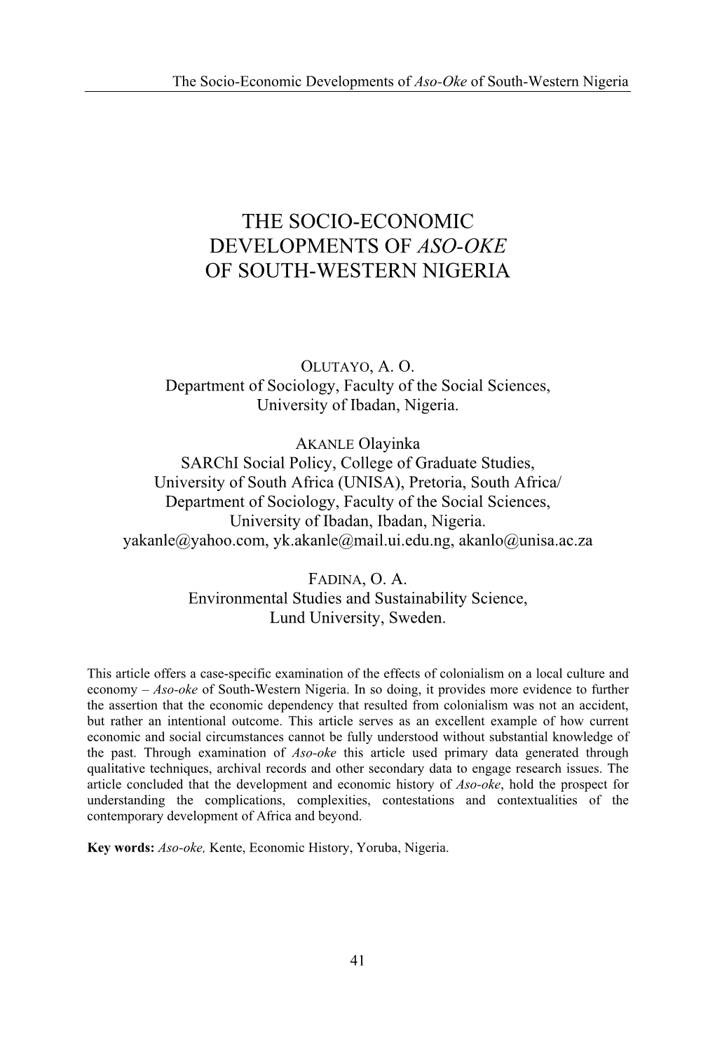 The Socio-Economic Developments of Aso-Oke of South-Western Nigeria