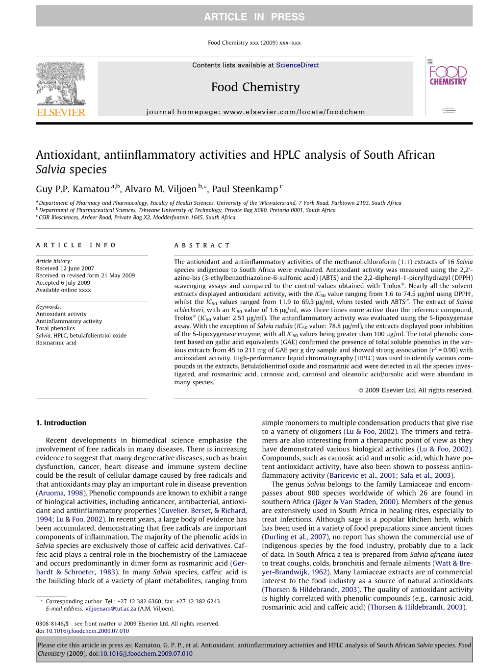 Antioxidant, Antiinflammatory Activities and HPLC Analysis of South